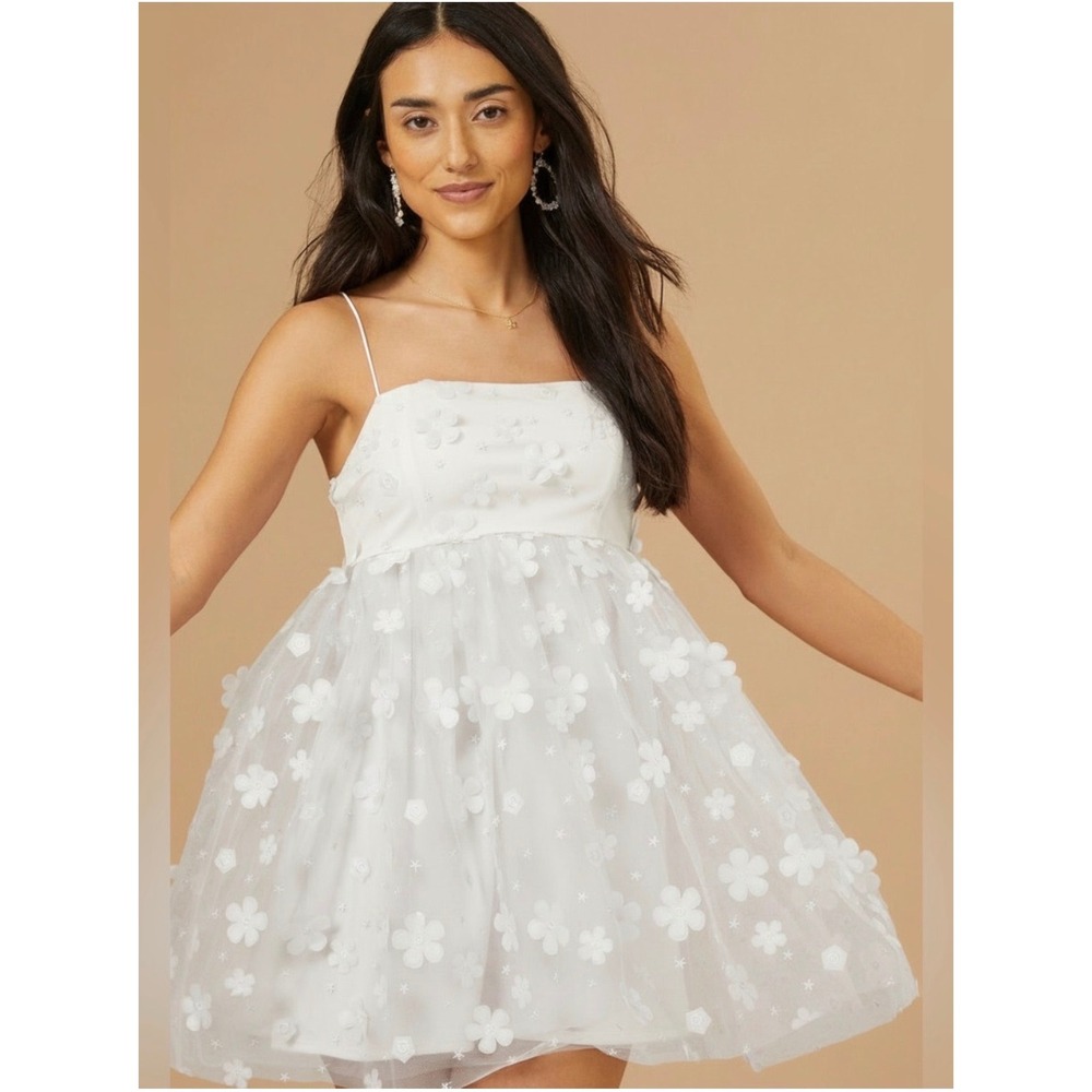 Altar'd State Aurora Floral Mesh Babydoll Mini Dress White 3D Flowers Small